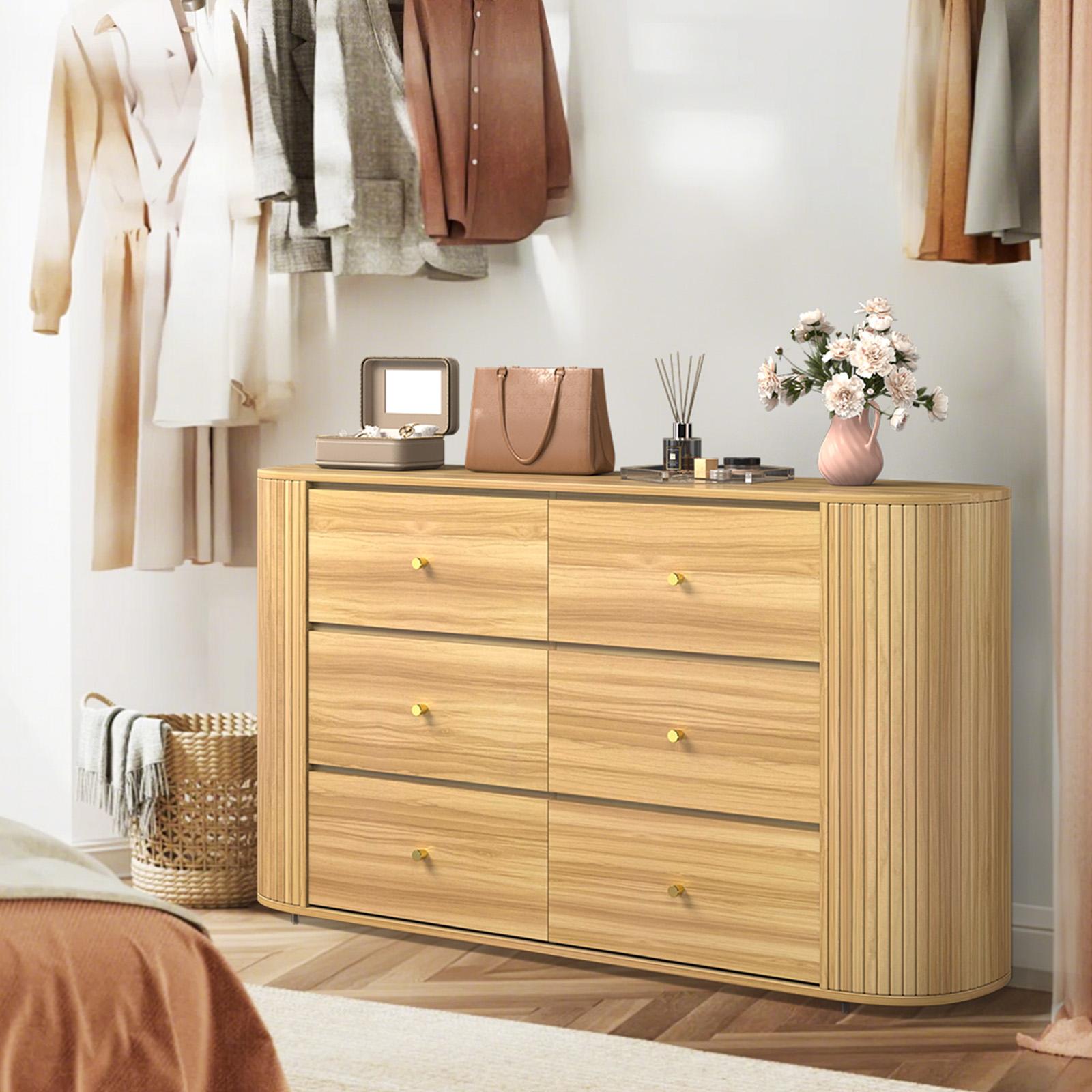 6 Drawer Vintage Farmhouse Dresser with Power Outlet, Large Storage Cabinet for Bedroom & Living Room, Curved Edge Organizer with Metal Handles