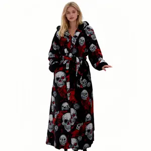 Hooded Bathrobe with Unique Skull Print for Cozy Winter Nights Soft 100% Cotton Long Sleeve Sleepwear Loungewear for Women Gothic Rock Style