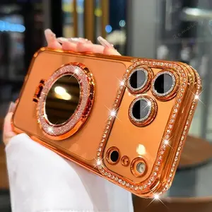 Luxury Electroplated Glitter Mirror Magnetic Bracket Rhinestone Smartphone Case, Cellphone Casing with Protection for iPhone 16, iPhone 17 Pro Max Mobile Phone Accessories