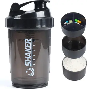 Protein Shaker Bottle,Sports Water Bottle,Leak Proof Shake Bottle For Protein Mixer- Non Slip 3 Layer Twist Off 3oz Cups with Pill Tray - Protein Powder 16 oz Shake Cup with Storage