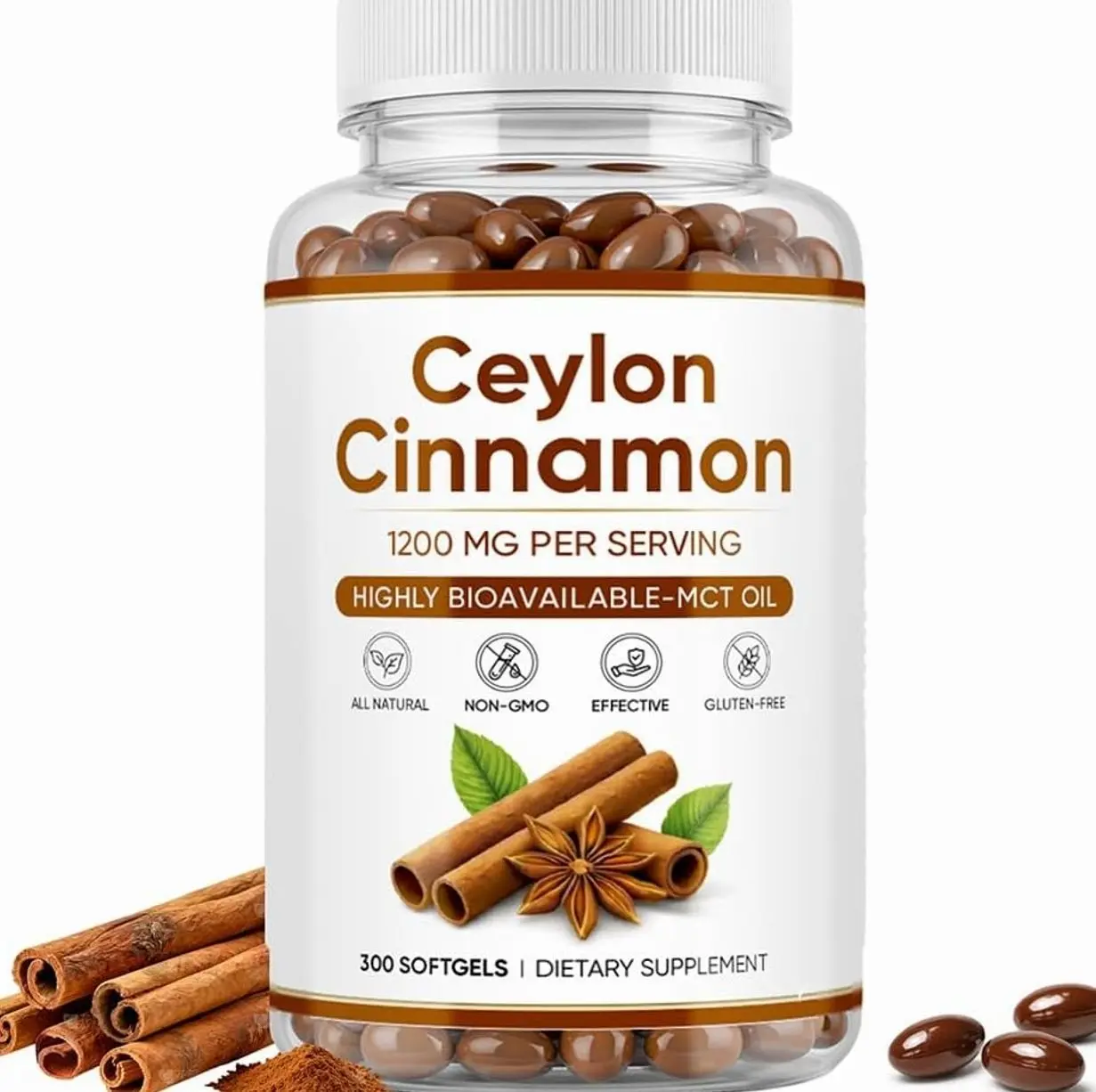 Ceylon Cinnamon1200mg Extract Supplement, Energy Heart & Metabolism Support for Men & Women – with MCT Oil, Vegan, Gluten-Free, 300 Softgels