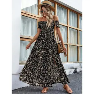 Women's Frenchy Style Split Thigh A Line Vintage Short Sleeve Dress, Elegant Comfort Floral Pattern Short Sleeve Long Dress for Casual Wear, Lady Summer Clothes, Boho Fashion Summer Dresses, Sundresses, Womenswear, Bohemian Chic Casual Dresses