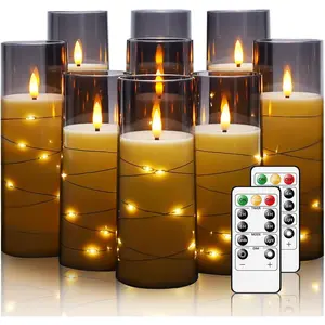 Flickering Flameless LED Candles, 9 Pcs with Embedded Star String, Acrylic LED Pillar Candles with Remote, Suitable for Home Decoration (Grey)