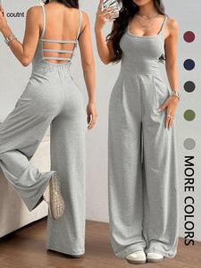 women's solid backless plicated cami jumpsuit, casual sleeveless spaghetti strap square neck wide leg jumpsuit for summer, women's spaghetti strap jumpsuit for daily wear, womenswear