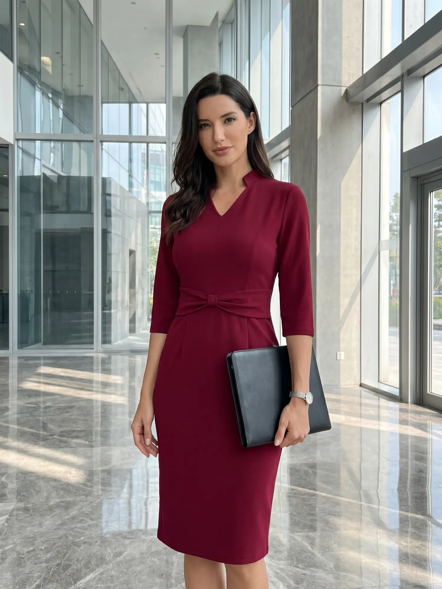 INSPIRE CHIC Work Dresses for Women 3/4 Sleeve Stand Collared V Neck Business Office Bodycon Sheath Dress Wine Red