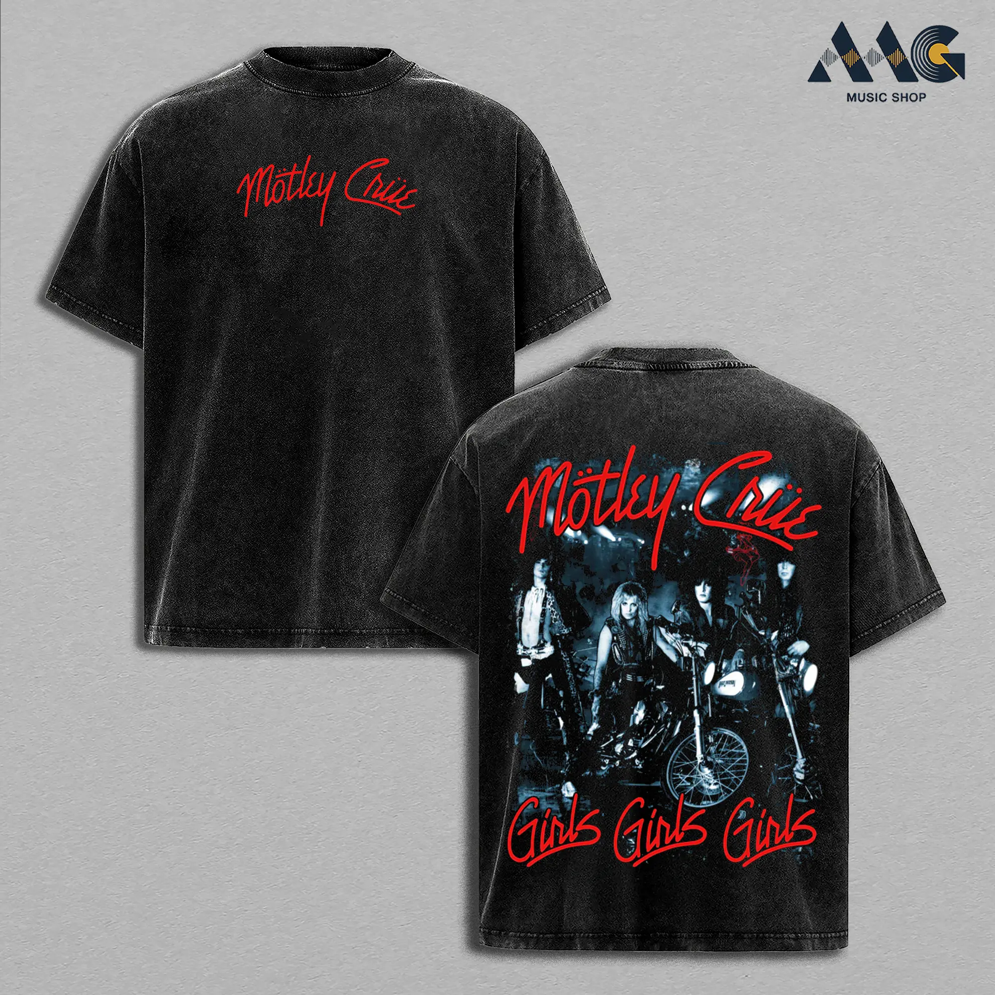 "Mötley Crüe" Band Photo Bikers Oversized Graphic Tee Men Vintage Washed Clothes, Heavyweight Cotton Unisex Shirt Good Graphic Tees, Soft Unisex Top for Everyday Wear, LA Hair Metal Rock Music Merch, Trendy T-shirt Top Men's and Women's Clothing