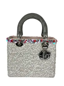Pre-owned Dior tweed Mini Bags Christian Sequins Medium Lady Light Pink Bag with Embellished Handle and Charm