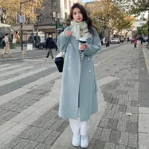 Women’s Solid Color Double-Breasted Trench Coat with Detachable Belt, Casual Notched Lapel Long-Sleeve Outerwear for Autumn and Winter