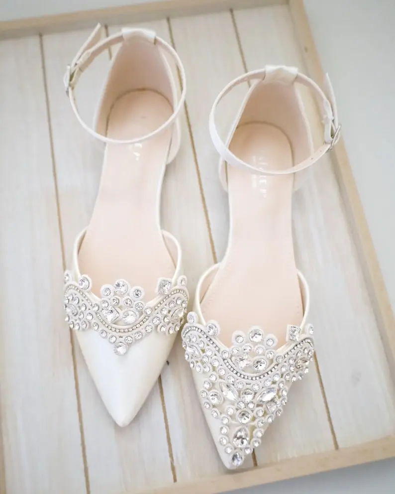 Ivory Satin Pointy Toe Flats with Sparkly RHINESTONES Applique for Fall Wedding Shoes, Bridesmaid Shoes, Bride Shoes