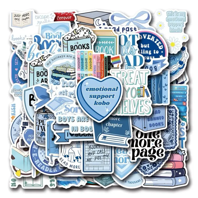 Blue Bookish Read Book Mix Stickers Decals 55 Pieces for Laptops Phones Phone Case Scooter Consoles Walls Luggage Case Books Journal Notebook Craft Project Party Decoration Cellphone Smartphone Casing Cover - Screen Protector