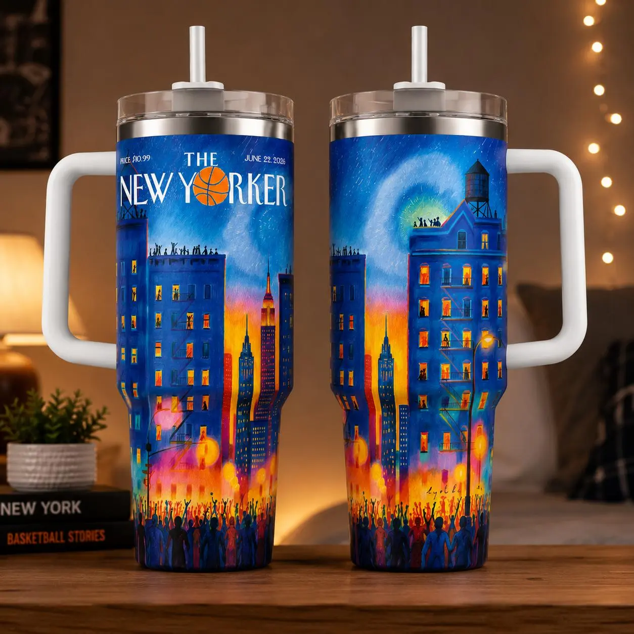 40oz New York Skyline Art Tumbler With Handle Insulated Travel Mug City Nightscape Gift Cup