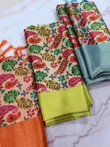 Vibrant Grace Kanjivaram Saree – Orange, Green & Sky Blue