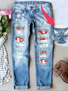 Christmas Special Cute Cat Fashion Print Jeans, Distressed Ripped Design, Elastic Breathable Fabric, Long Denim Jeans for All Seasons