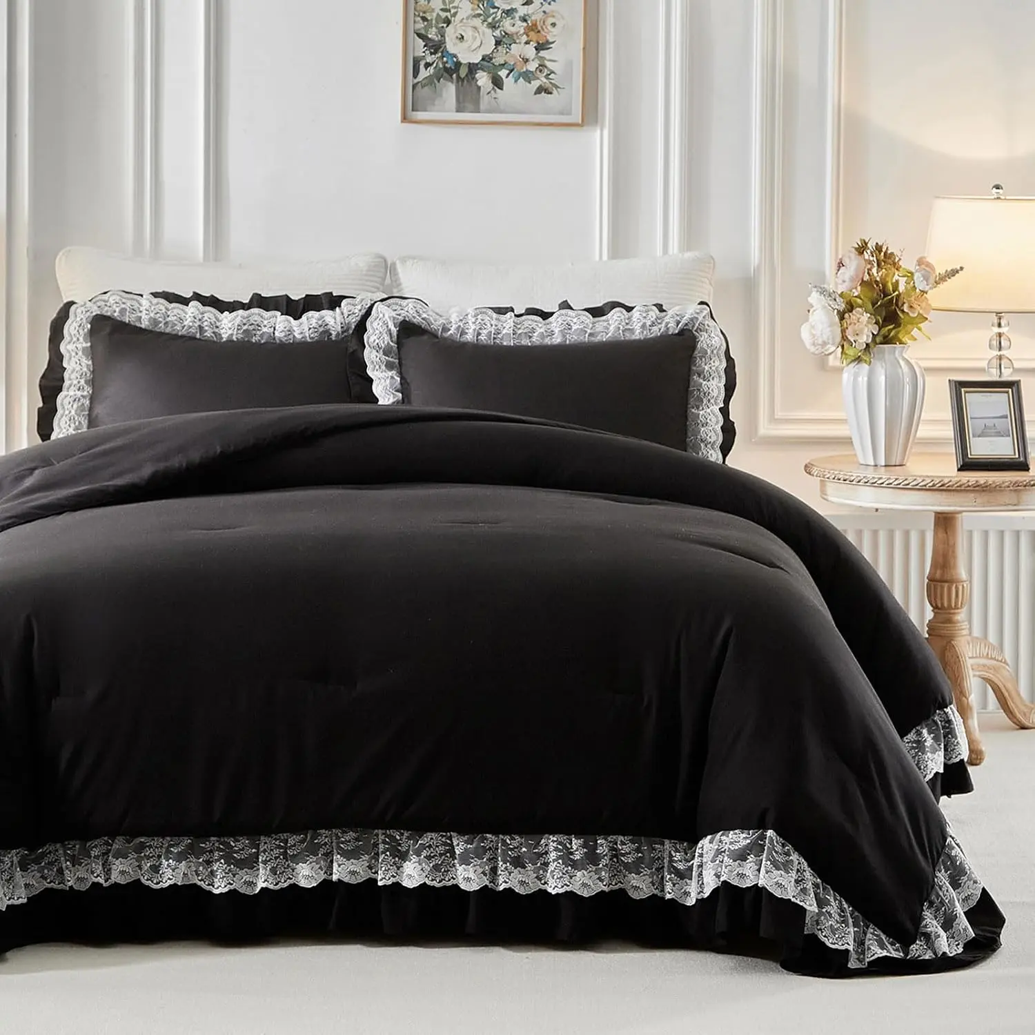 Size Comforter Set Black, 3 count Lace Ruffled Bedding Comforter Set, Microfiber  Gothic Boho Chic Bedding Set for  Season- 88x88 inches