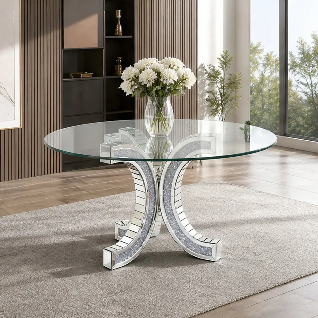 Modern Round Dining Table for 4, 47.2in Tempered Glass Top with Crushed Diamond Pedestal Base, Silver MDF+Glass Luxury Kitchen Table, C-Shape Mirrored Accent Dining Room Furniture, Easy Assembly, Silver Color Options, MDF+glass Material
