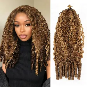 OQ HAIR Highlight 4/27 Burmese Curly Crochet Human Hair With Miracle Knots Boho Braids Hair Pre-Separated Invisible Feather Crochet Braiding Hair Bundles Crochet Hair Extensions Time-Saving Wear
