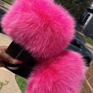 Pink Love Custom Colorful Real Furry  Slides for Women - Cute Open Toe Fur Slides with Comfortable Rubber Sole, Perfect for Indoor Use, Autumn Style - Girl sizes 7.5,8,8.5 only