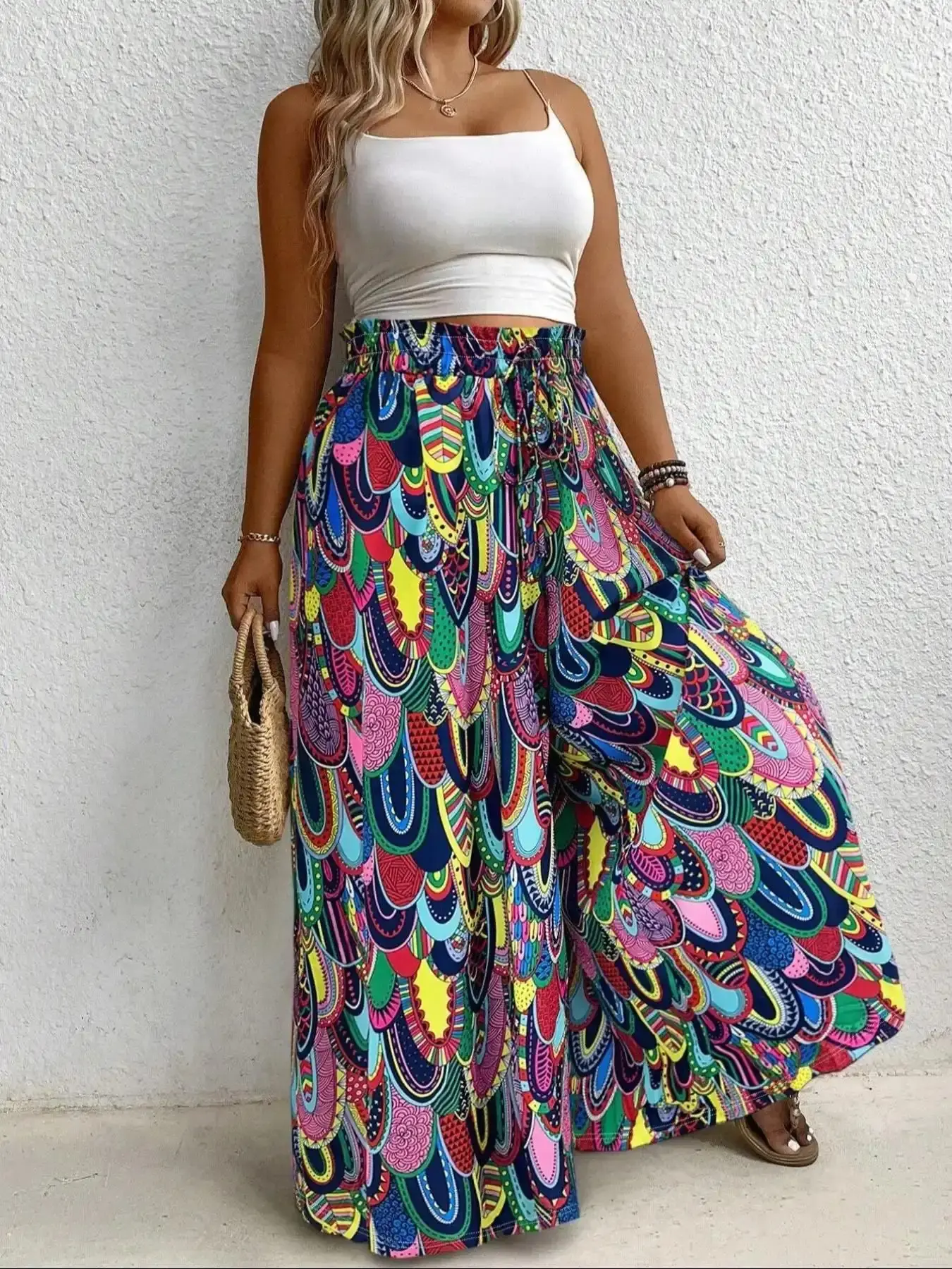 Plus Size Patterned Boho Paper Bag Waist Wide Leg Pants, Womenswear, Drawstring Adjustable Straight Leg, Elegant Chic Style, All Seasons Wear, Micro Stretch Comfort, Boho Palazzo Pants