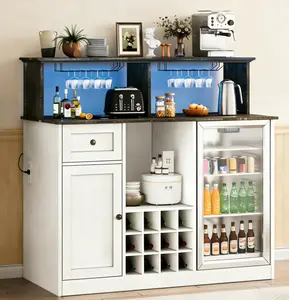 55" Bar Cabinet with Mini Fridge Space, Farmhouse All-in-One Coffee Bar with LED Lights & Charging Station, Wine Rack for Living Room