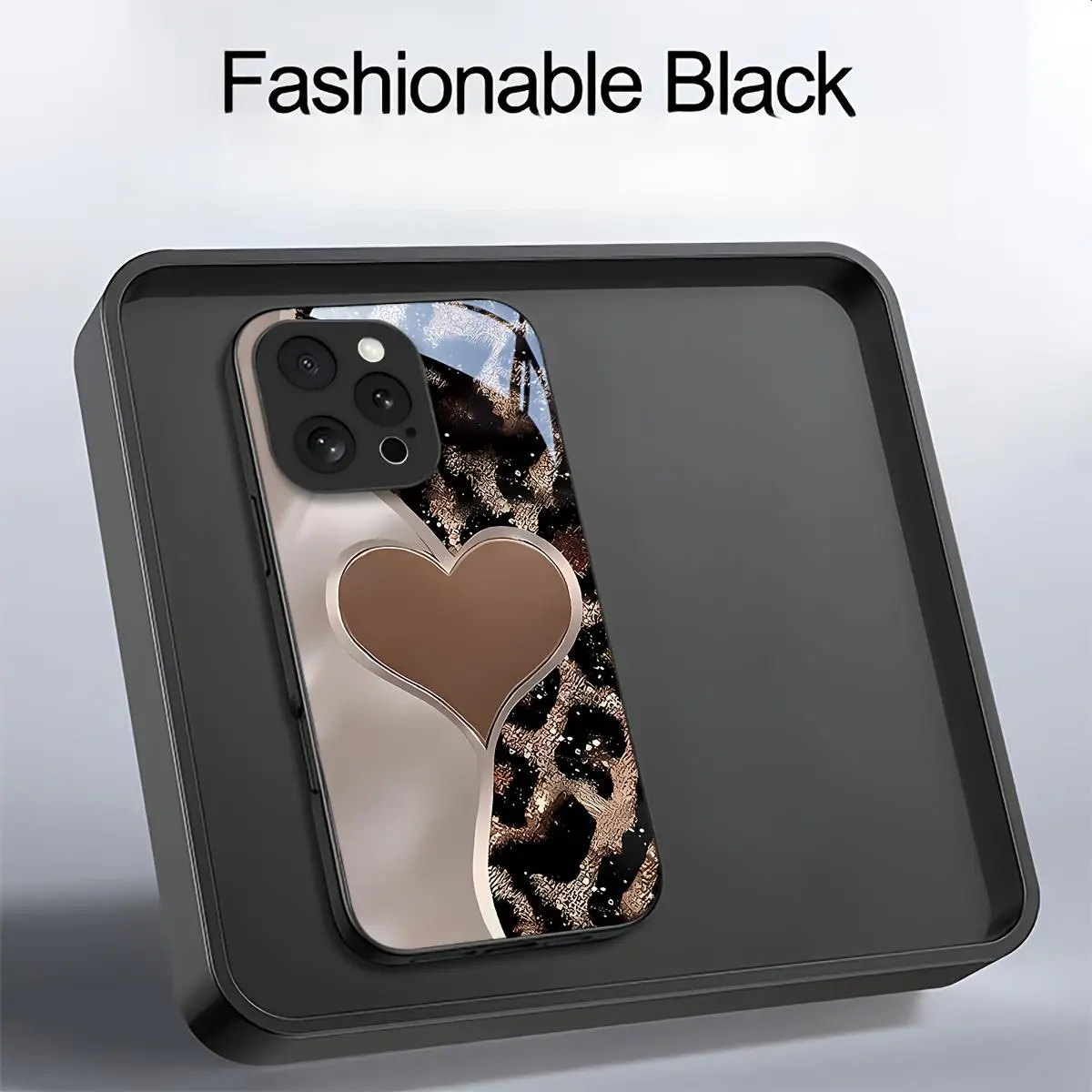 Premium Fashion Glass Cellphone Case - Shockproof Protector Accessory with Half-Leopard Print Heart Design, Compatible with iPhone 17, 17 Air, 16, 15 Pro Max for Mobile Devices
