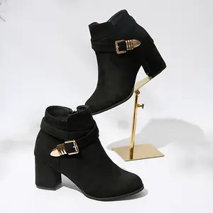 A Pair of Vintage Women's Short Ankle Boots with Chunky Heel, Pointed Toe, and Side Zipper, Height Increase 2.56inch, Women Shoes