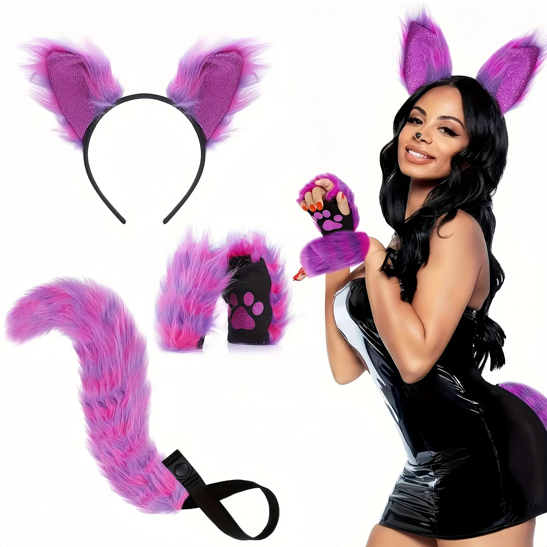 Purple Cat Ears Tail Set - Fluffy Faux Fur Bendable Tail | Ears Headband | Paw Glove | Animal Costume for Halloween Accessories Women Costume Prop