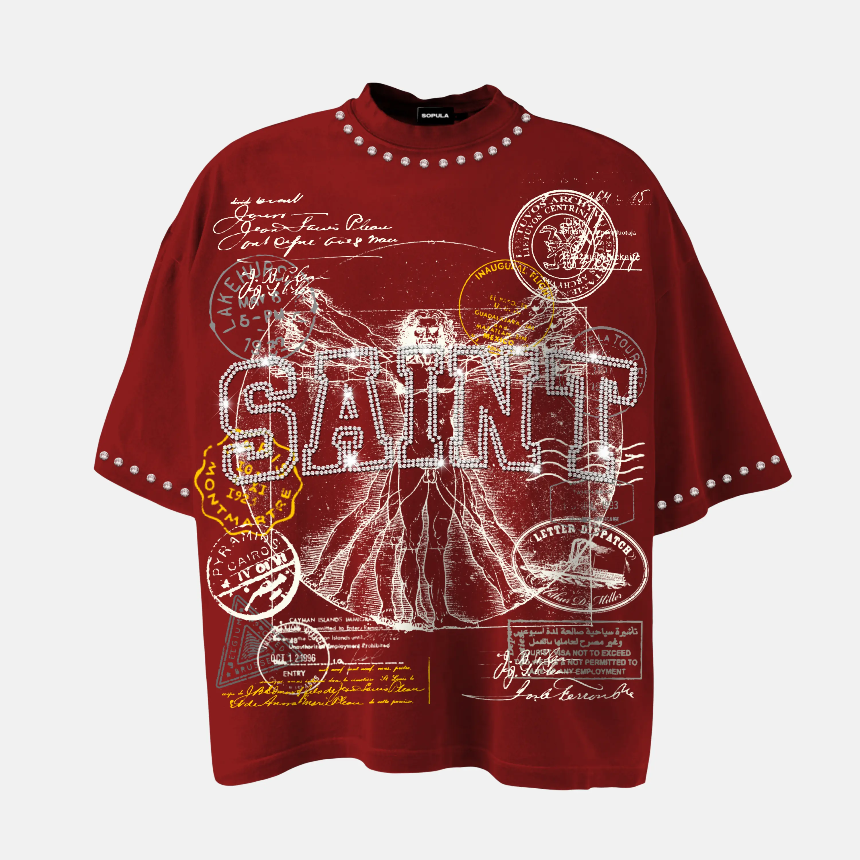 Sopula Studio Men's Oversized Baggy Short-Sleeve Round Neck Retro Graphic T-Shirt - Saints Rhinestone Stamp Collage, Vitruvian Man Print Top, Tshirt, Shortsleeve, Menswear, Streetwear, Loose, Fabric, Graphic Shirts