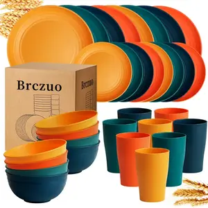 32/16-Piece Black Wheat Straw Tableware Set (Serves 8/4) – Plates, Bowls, Cups Included | Eco-Friendly Unbreakable Plastic for Family Gatherings, Birthdays & Camping