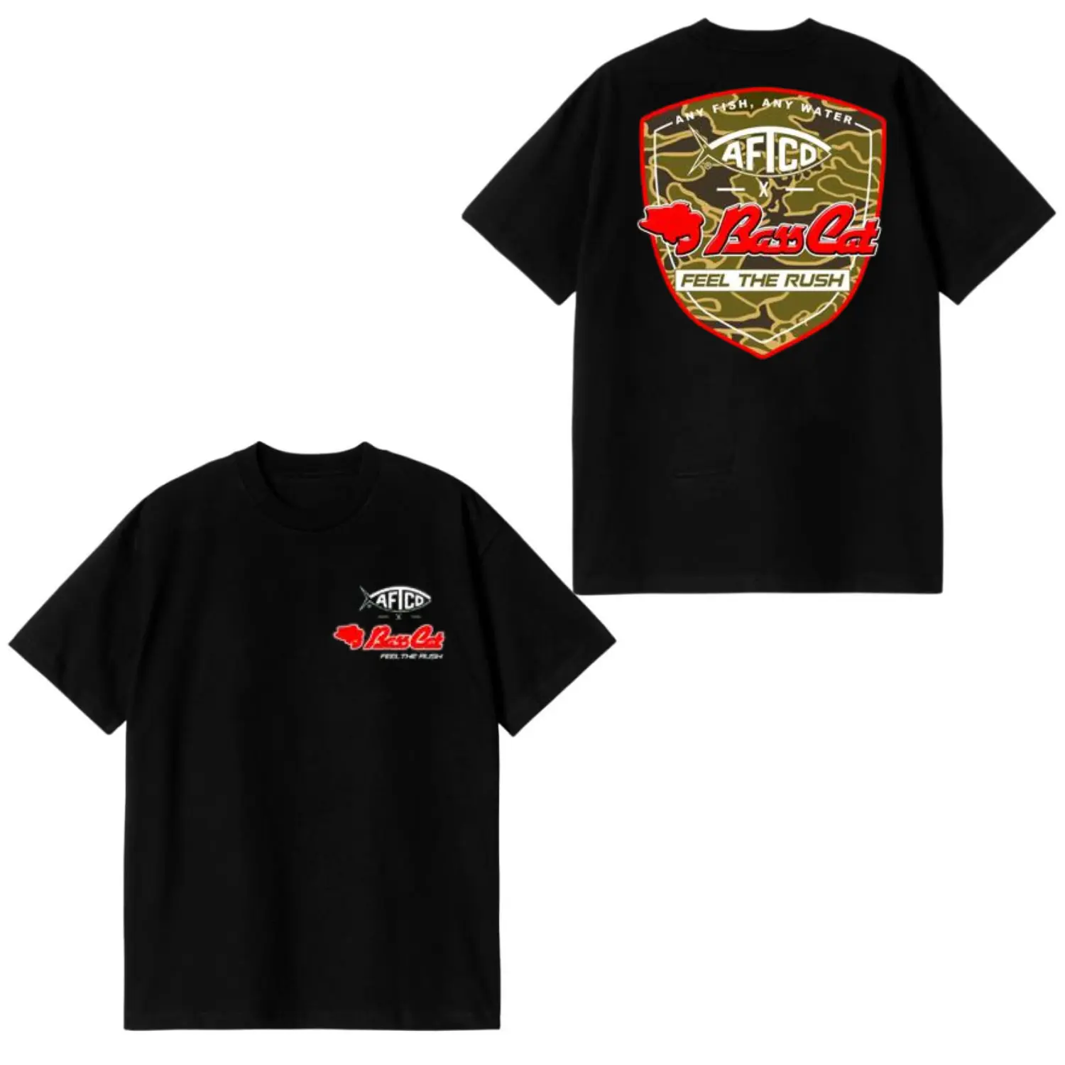 Men's Bass Cat Feel The Rush Short-Sleeve Classic Seamless Print Cotton T-Shirt - AFTCO Camo Shield Black Fabric Tee for Bass Anglers, Shortsleeve