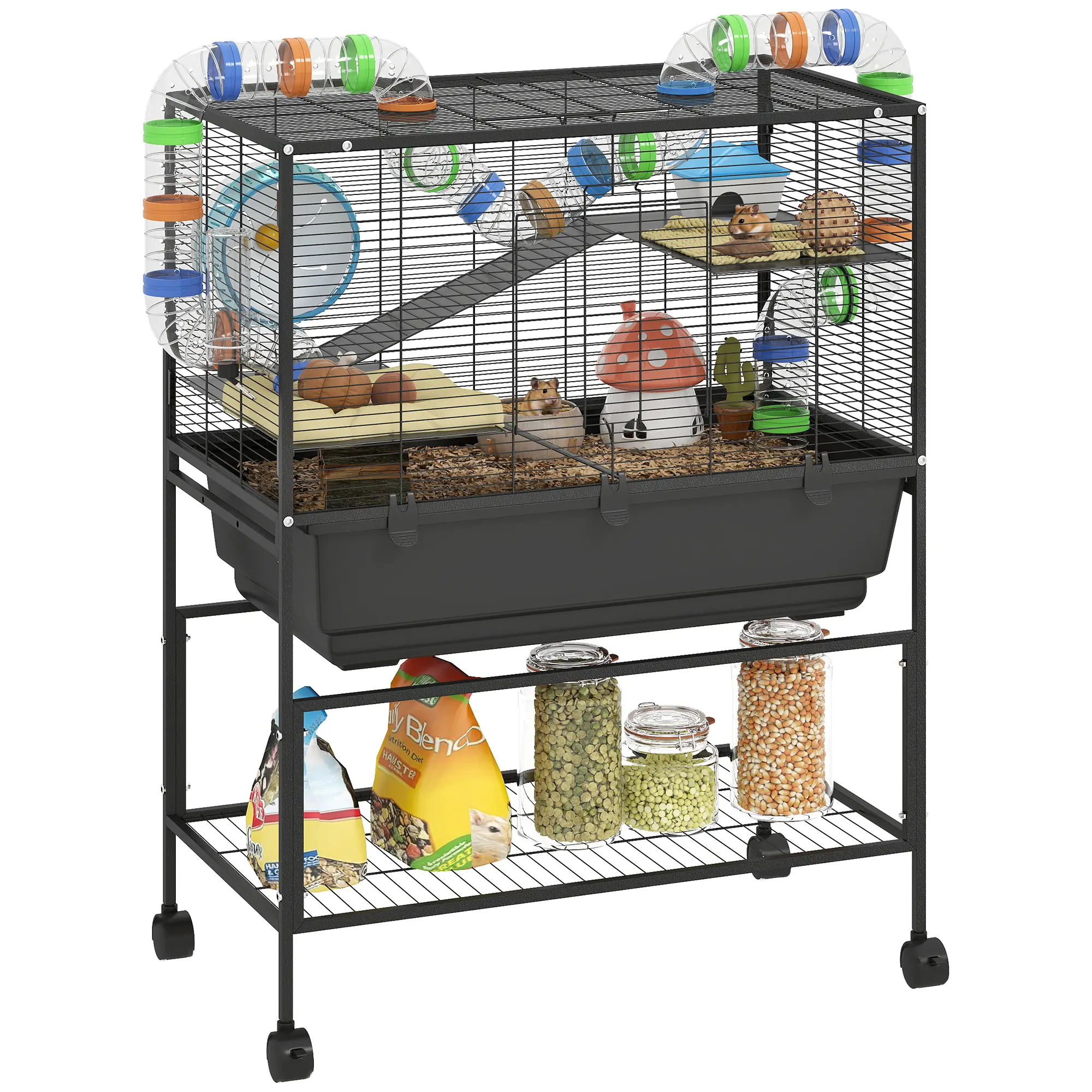 PawHut Hamster Cage with Deep Tray, 3 Tier Rolling Rat Cage with Storage Shelf, Big Exercise Wheel, Tube System, Hut, Platforms, Ramps, Food Dish, Water Bottle, for Syrian, Gerbil, Mouse