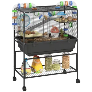 PawHut Hamster Cage with Deep Tray, 3 Tier Rolling Rat Cage with Storage Shelf, Big Exercise Wheel, Tube System, Hut, Platforms, Ramps, Food Dish, Water Bottle, for Syrian, Gerbil, Mouse