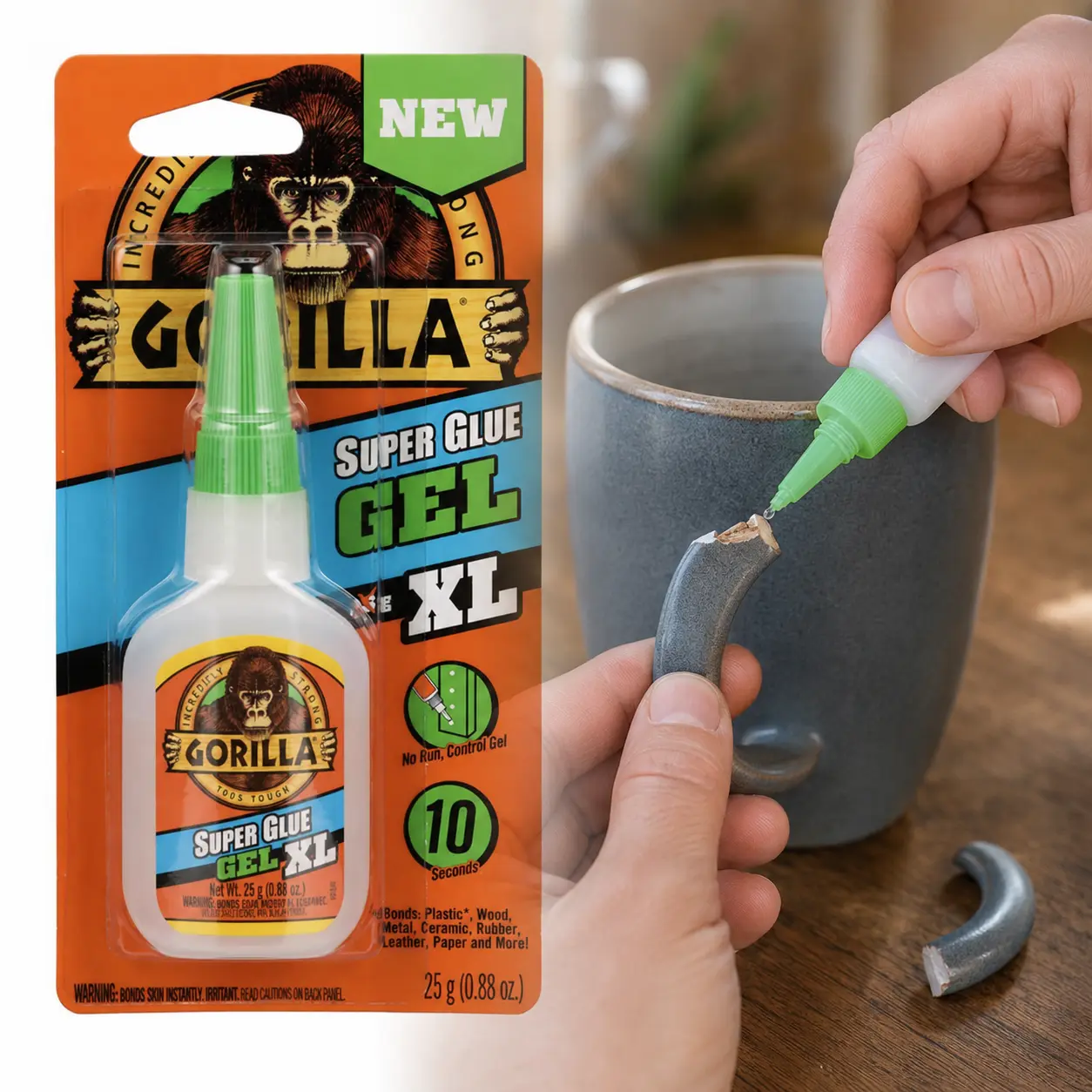 Gorilla Super Glue Gel XL 0.88 fl oz Instant Adhesive,no-run control,45-second working time,fast-setting,1500 psi strength,impact resistant,anti-clog cap,dropper tip,no clamping,24-hour cure,vertical repairs,ceramic,leather,metal,paper,plastic,rubber,wood