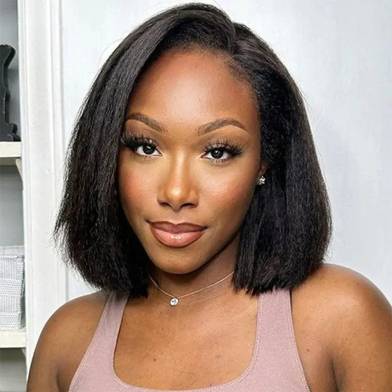 Kinky Straight Undetectable Lace Short Wig Yaki Hair Glueless Lace Wig 180% Density