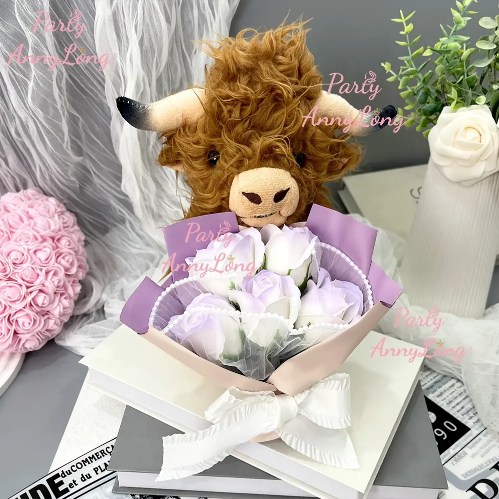 Cute Decorative Highland Cow Faux Rose Floral Bouquet for Home Decor, Perfect Mother's Day Gift, Ideal for Gifting, Gifts for Birthday and Party Favor for Teachers, Colleagues, and Women, Flower Decoration