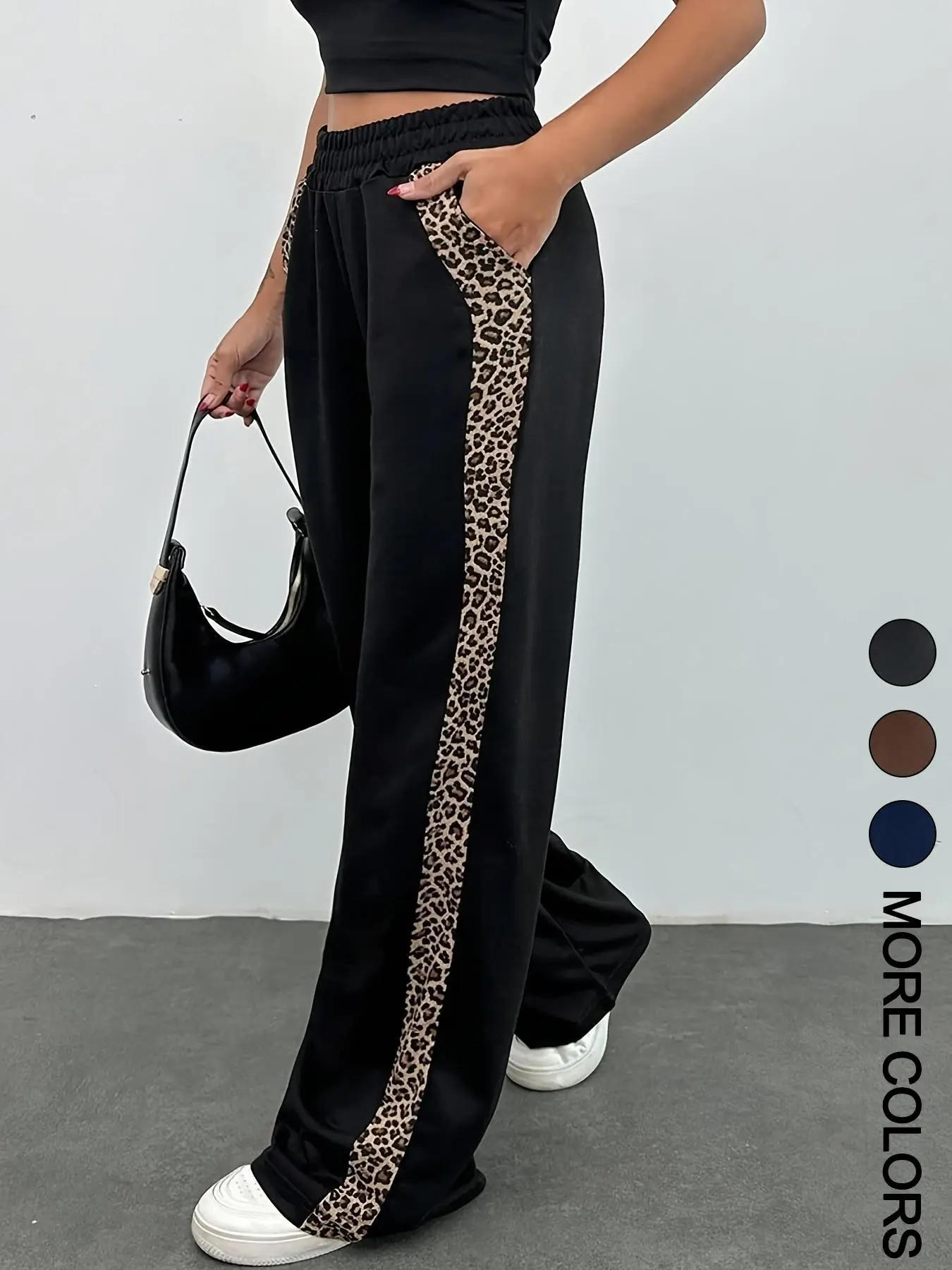 Street Style Leopard Print Side Stripe Straight Leg Pants Trouser, Casual Trousers, Colorblock Design with Pockets, Casual Women's Lady Jeans, Trendy Fashion Bottoms, Casual Summer Bottoms