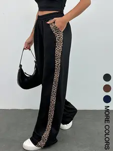 Street Style Leopard Print Side Stripe Straight Leg Pants Trouser, Colorblock Design with Pockets, Casual Women's Lady Jeans, Trendy Fashion Bottoms, Casual Summer Bottoms