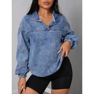 Women's Fall Winter Casual Loose-Fit Denim Jacket, Stand Collar Pullover Coat, Fashionable Plain Color Outerwear for Daily Wear