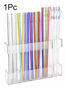 Adjustable Magnetic Straw Holder, 9.6 Inch Dual Layer Acrylic Organizer with Strong Adhesive Strips, Reusable Kitchen Cabinet Storage Rack Display Rack