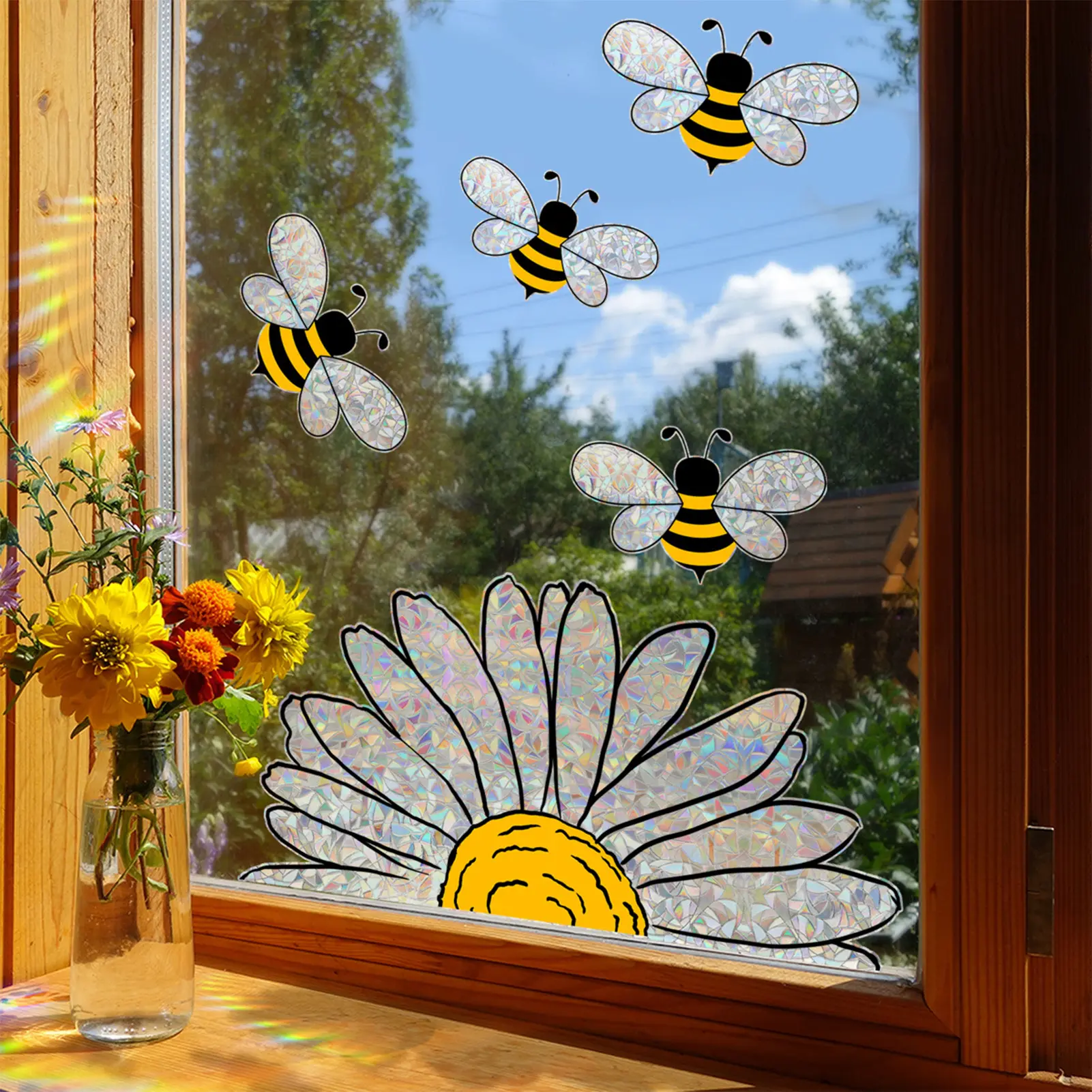 Adorable Bee Sunflower Window Clings Sticker Colorful Static Glass Decals DIY Honeybee Wall Decor for Home Office Classroom Window Decoration Cute Floral Pattern Removable Glass Stickers for Indoor Space Decorative Art