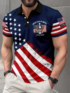 Men's Patriotic American Flag Eagle Print Polo Shirt Streetwear Collared, 250th Anniversary Short Sleeve Top, Casual Street Style, Breathable Fabric, Independence Day Wear Menswear