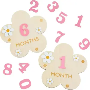 Wooden Baby Monthly Milestone Cards, Daisy Flower Double-Sided Milestone Signs, Photo Props for Newborns, Gender Neutral Boho Style for Baby Shower & First Year