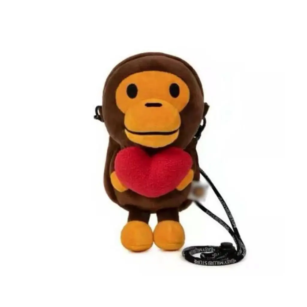 Cute Baby Milo Monkey Heart Fluffy Crossbody Shoulder Purse - Plush Casual Mini Handbag Fit Phone, Lipstick, Cards, Portable Stuffed Toy Accessory
