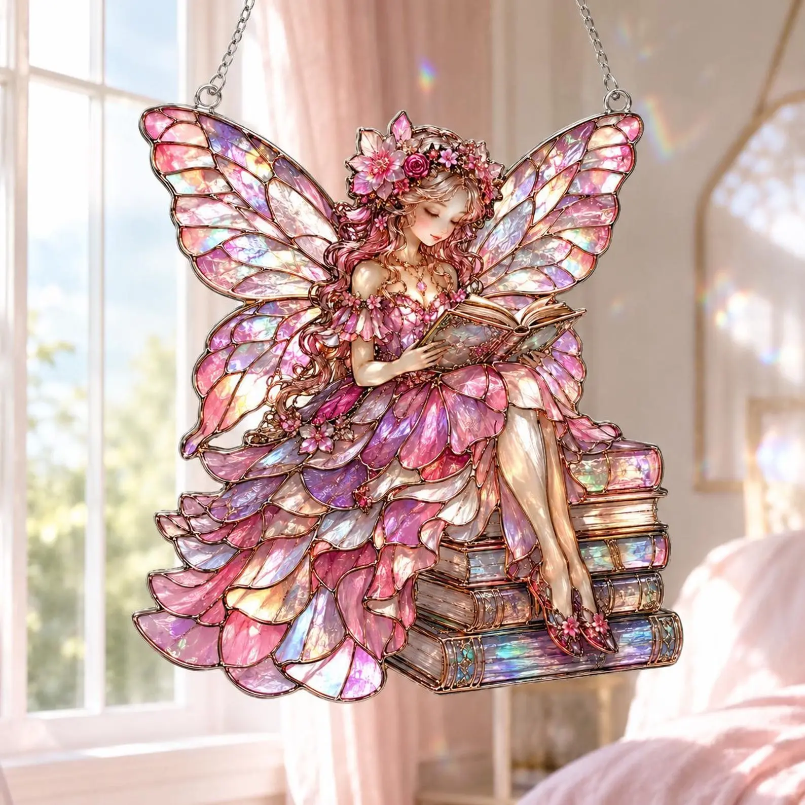 Reading Fairy Suncatcher, Book Lover Fairy Window Hanging, Pink Fairy Stained Glass Style Ornament, Reader Gift for Women