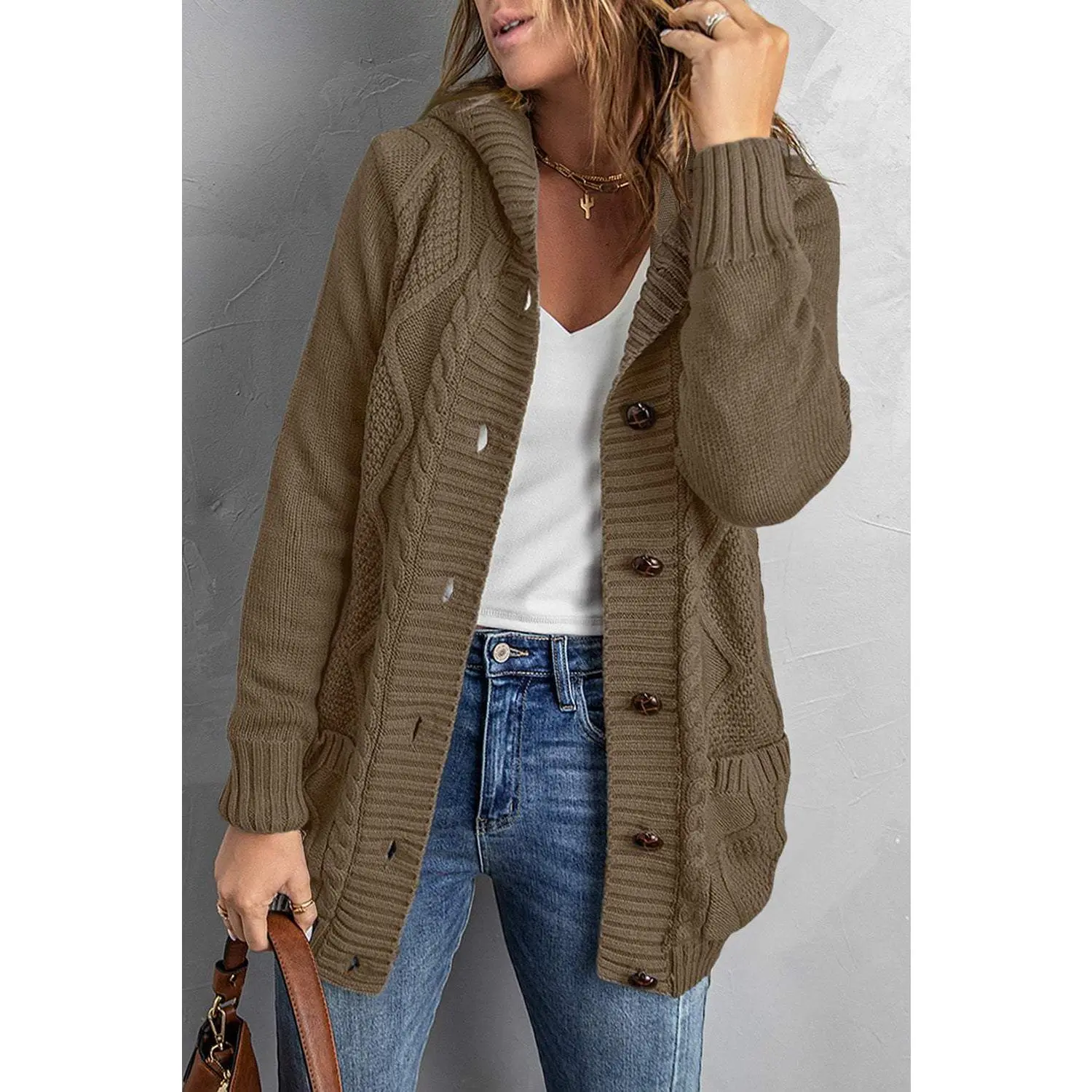 Button Front Hooded Cardigan with Pockets