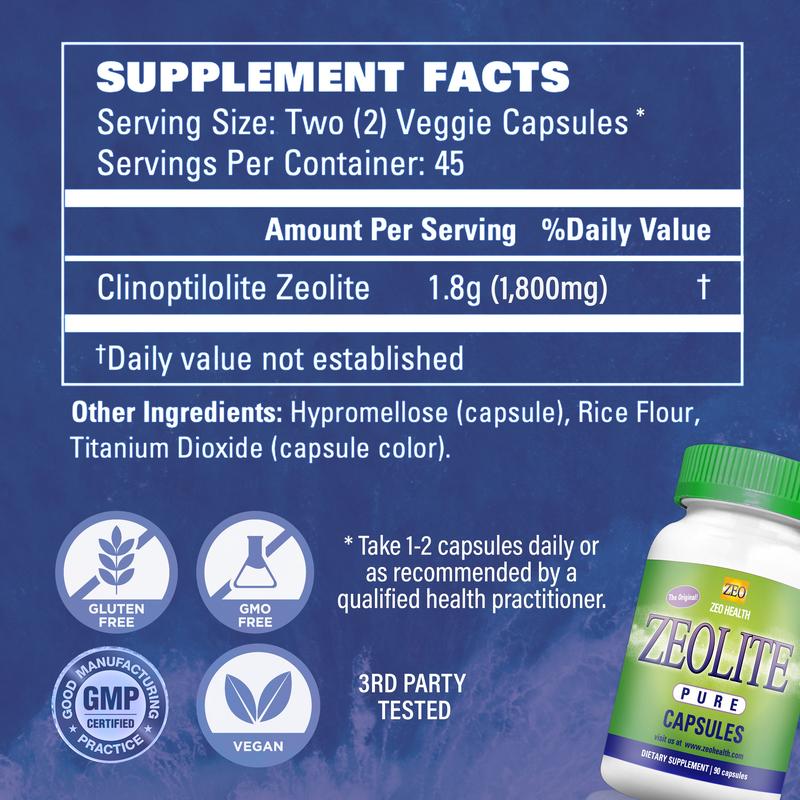ZEO Health Zeolite Pure Capsules - Zeolite Detox Supplement - Supports Heavy Metal & Full Body Detox, Energy, Gut Health & Immunity - 94%+ Clinoptilolite Powder - Made in the USA - 90 Vegan Capsules Healthcare Fitness
