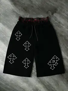 Men's Cross Print Double Waistband Casual Fashion Shorts | Y2K Vintage Streetwear Fleece Shorts with White Cross Graphic Print & Red Plaid Double Waistband Detail | Retro Street Style for Gen Z Guys & Streetwear Enthusiasts