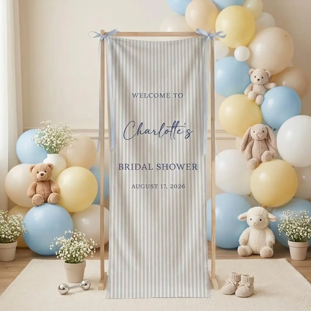 Personalized Baby Shower Fabric Banner, Welcome Baby Shower Sign, Blue Striped Party Entrance Decor, Custom Baby Shower Backdrop Banner