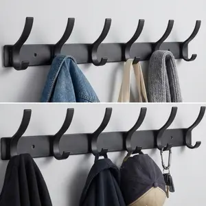 2 Pack Wall Mounted Coat Rack (6 Hooks) - Heavy Duty Metal Rail for Jacket, Hat, Towel - Space Saving Entryway Organizer Wall Mounted Holder