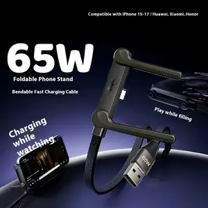 1pc Dual-Function Foldable Stand Data Cable, Flat Braided Texture, 65w Super Fast Charging, Durable No-Tangle Design, Type-C Interface