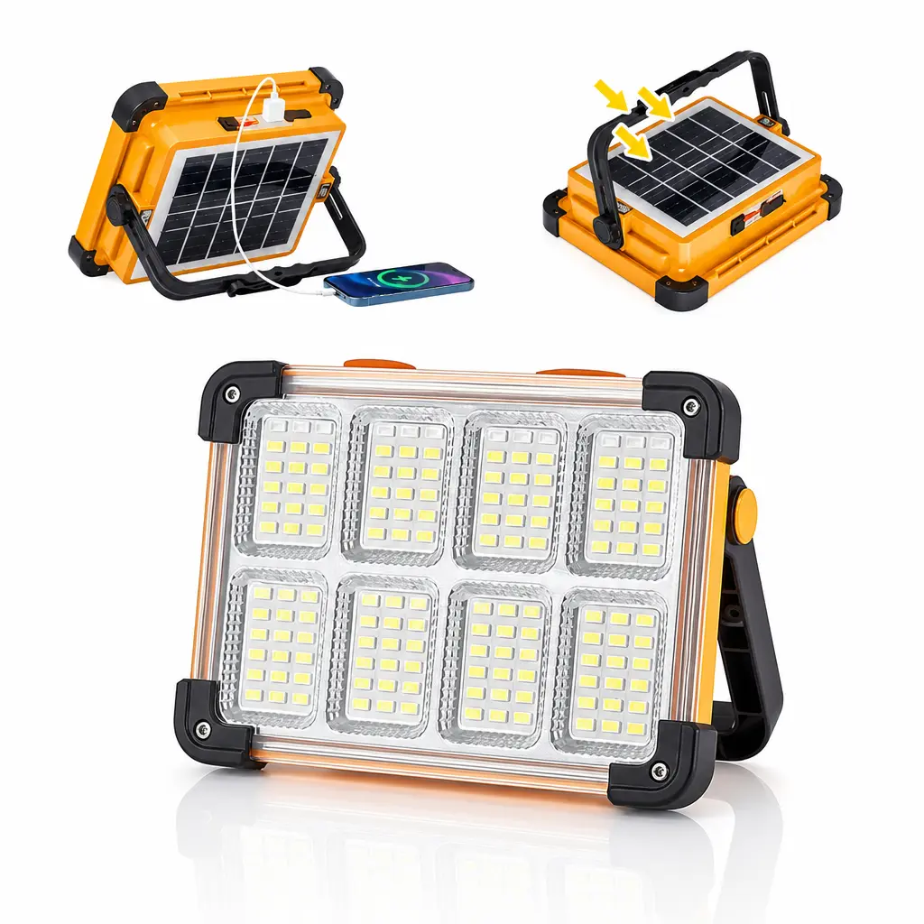 Portable Solar LED Work Light - Cordless LED Flashlights, Handheld Bright Lightweight Waterproof Outdoor Lamp, USB Rechargeable Multifunctional Jobsite Lighting & Emergency Power Bank